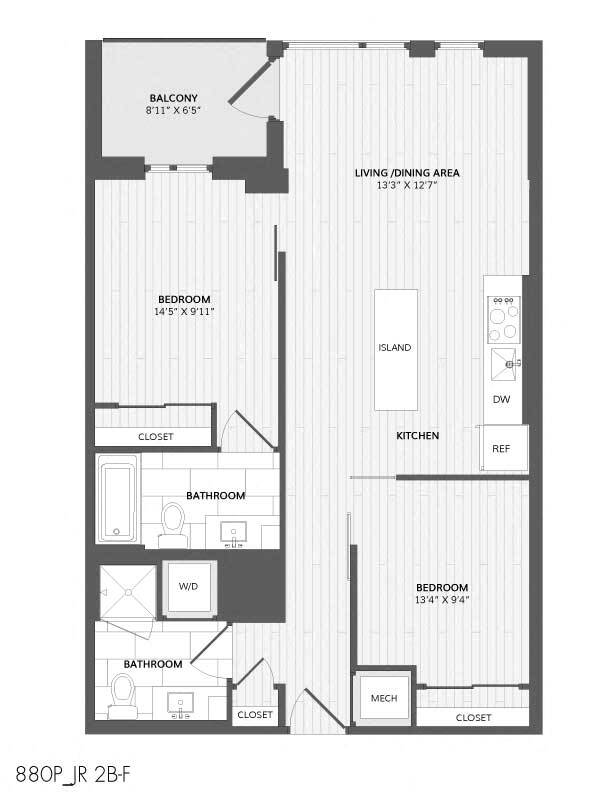 Floor Plan - 2 Bed/2 Bath-JR 2B-F_880 P