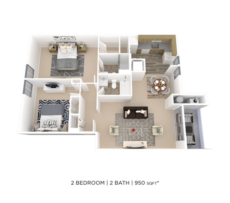 Floor Plan - Two Bedroom 2 Bath - 950 sqft