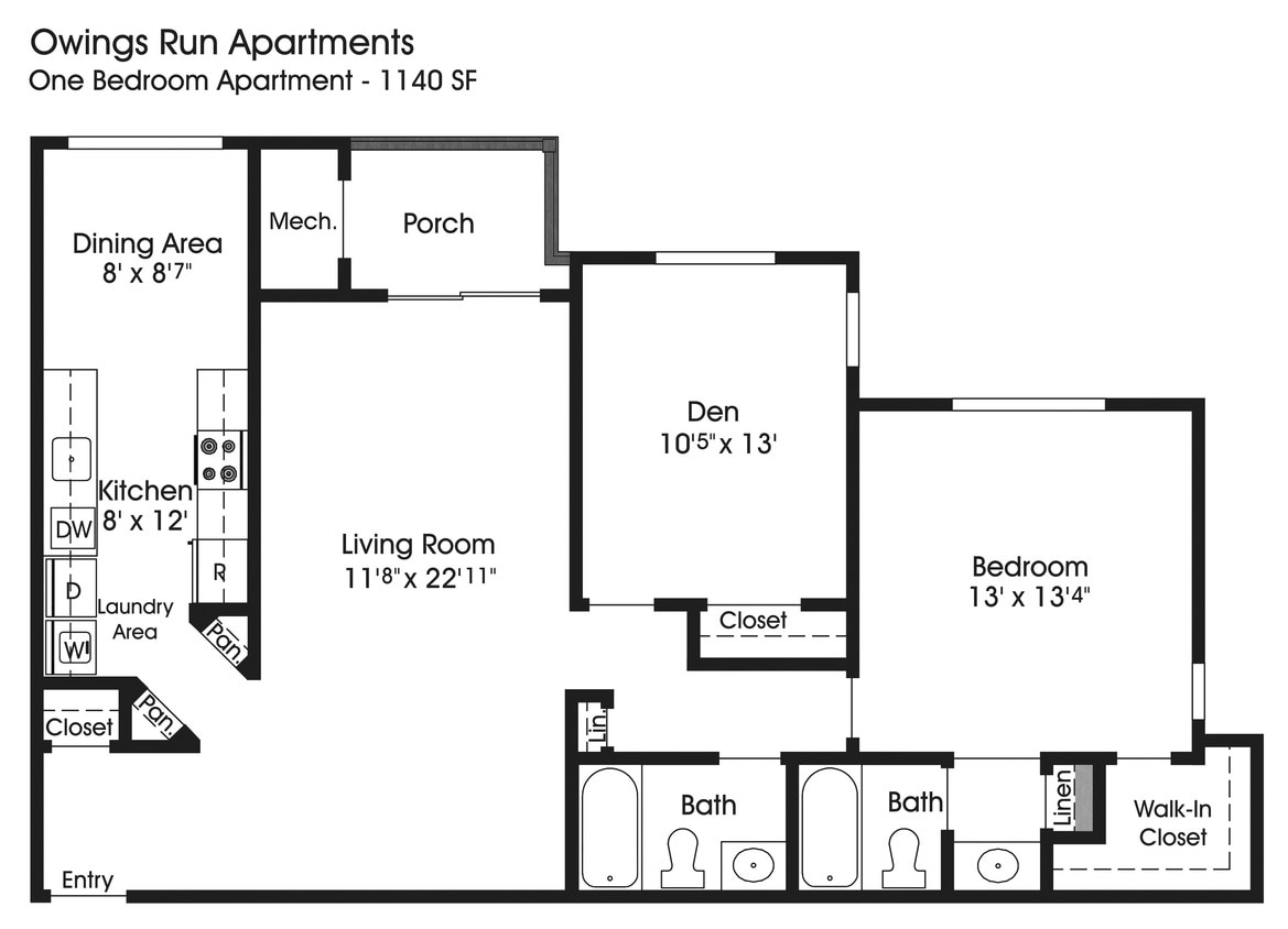 Floor Plan - 1BR 2BA w/Den (1040sf)