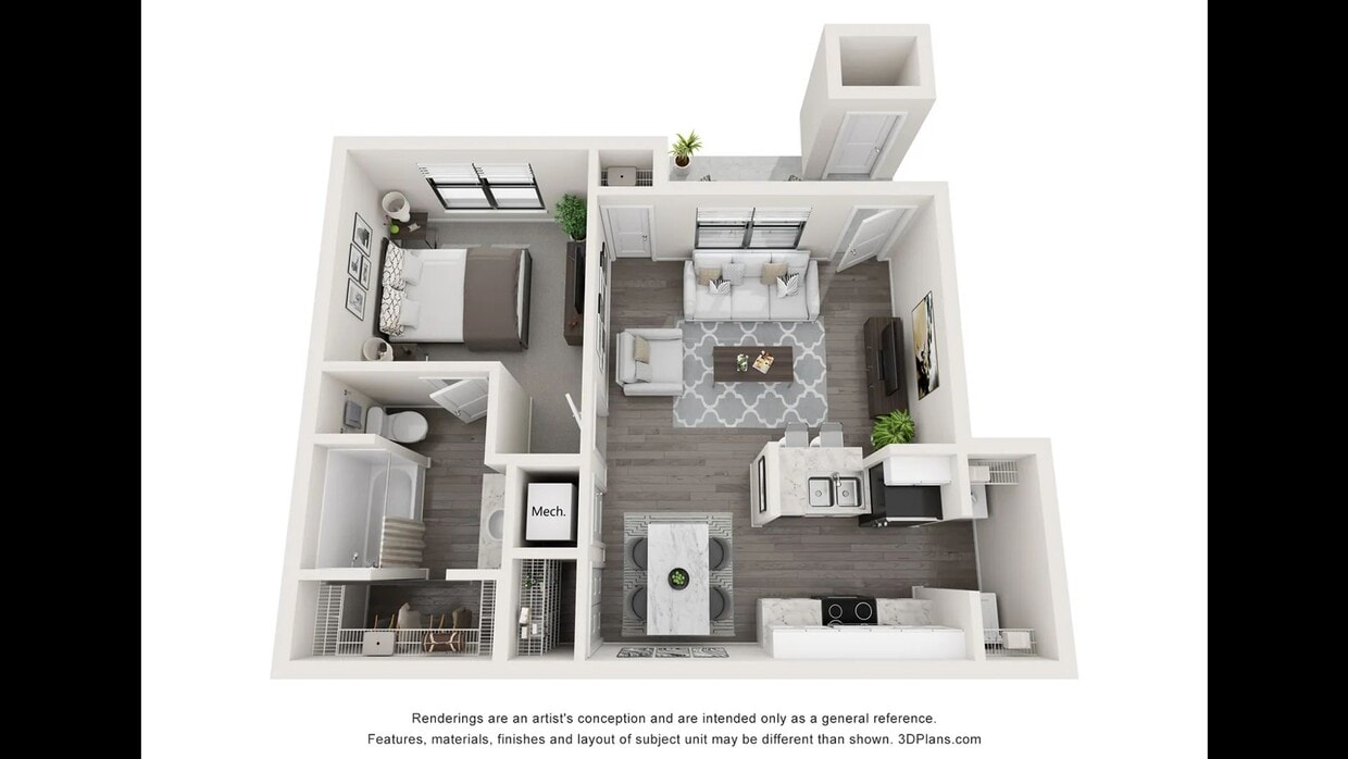 The Parkway floorplan offers one bed, one bath. - The Parkway