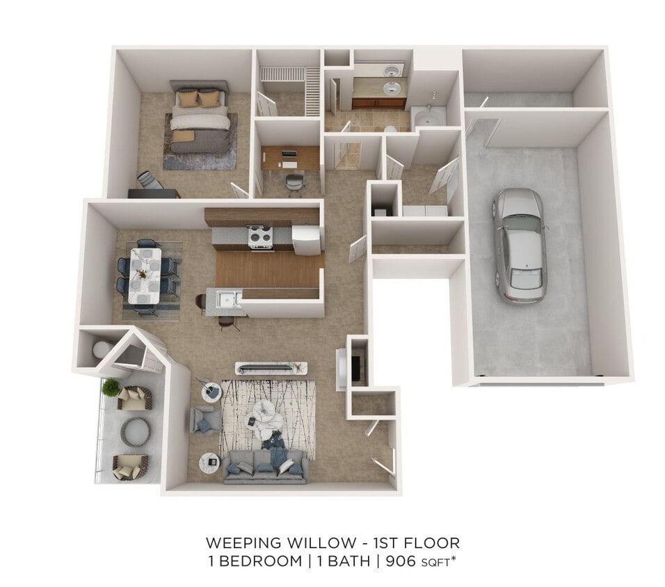 Floor Plan - One Bedroom w/ Garage - 906 sqft