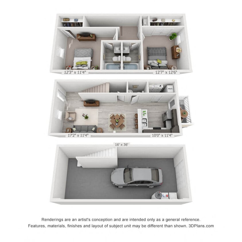 Floor Plan - 2 Bedroom, 2.5BA Townhome with Garage