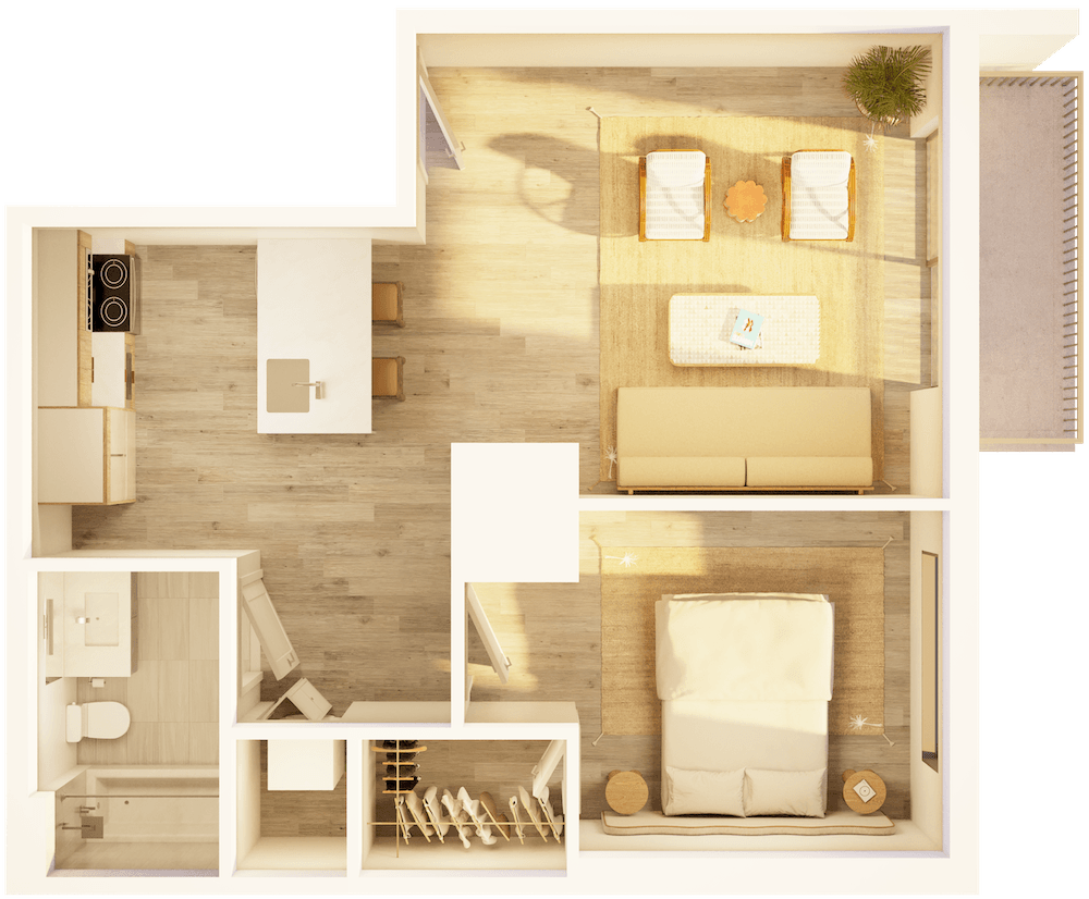 Floor Plan - West 1BR Balcony Bay A