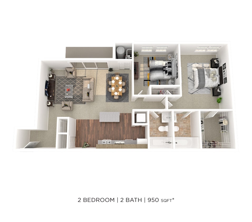 Floor Plan - Two Bedroom 2 Bath - 950 sqft