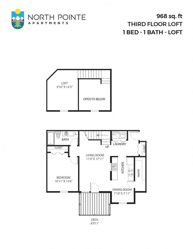 Floor Plan - 1 Bed, 1 Bath - 967 sq ft