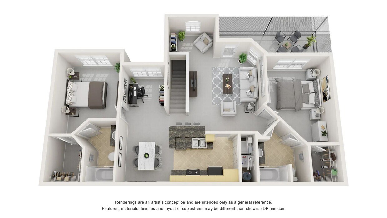 A 3D floor plan rendering of The Milan. - The Milan
