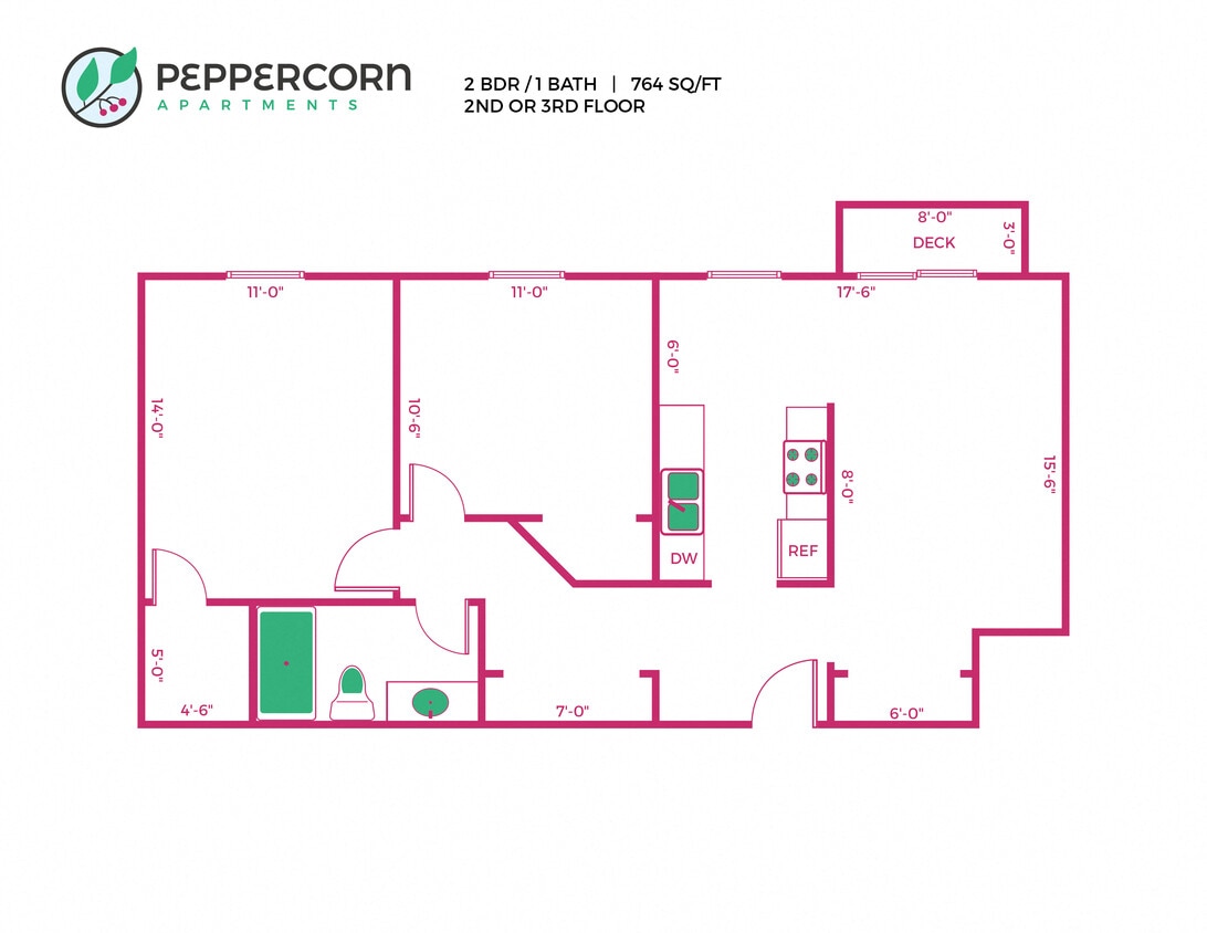 Floor Plan - 2 Bed, 1 Bath - 764 sq ft