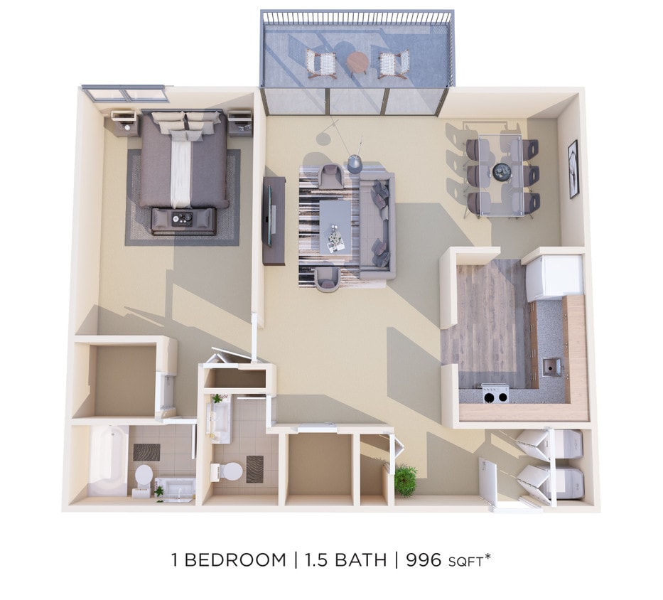 Floor Plan - One Bedroom 1.5 Bath - 990 sqft