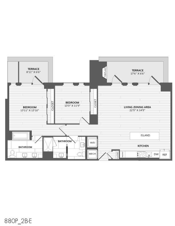Floor Plan - 2 Bed/2 Bath-2B-E_880 P
