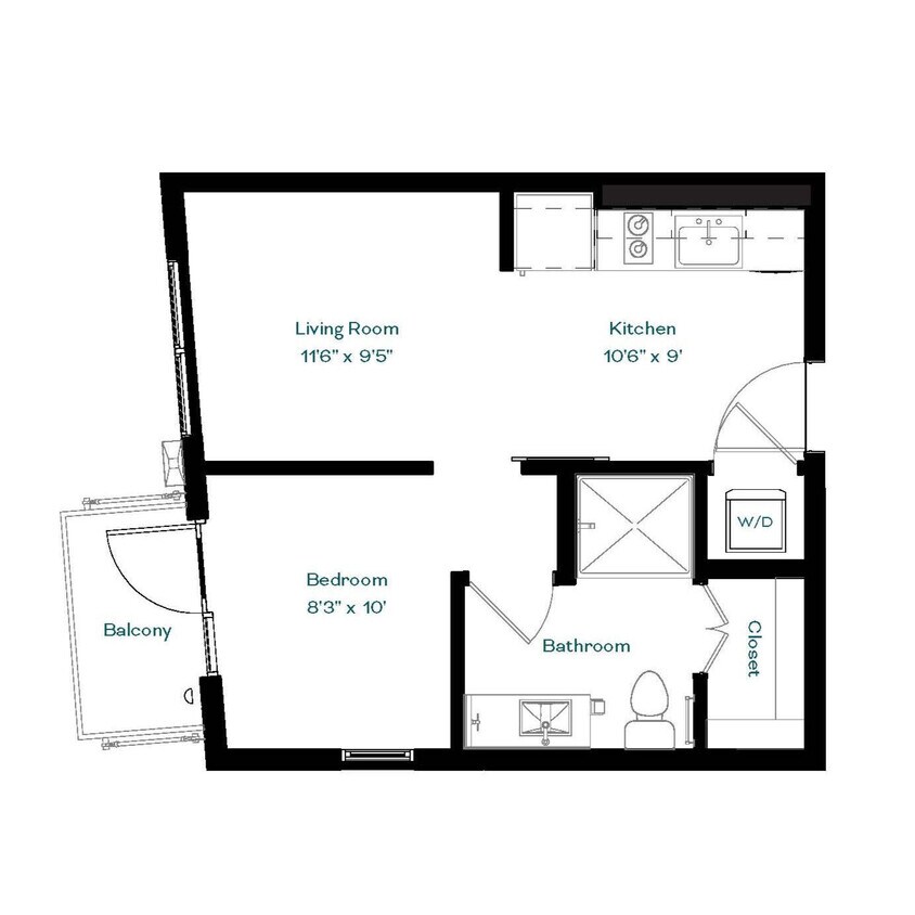 Floor Plan - 1 Bedroom 1 Bathroom A, B, D
