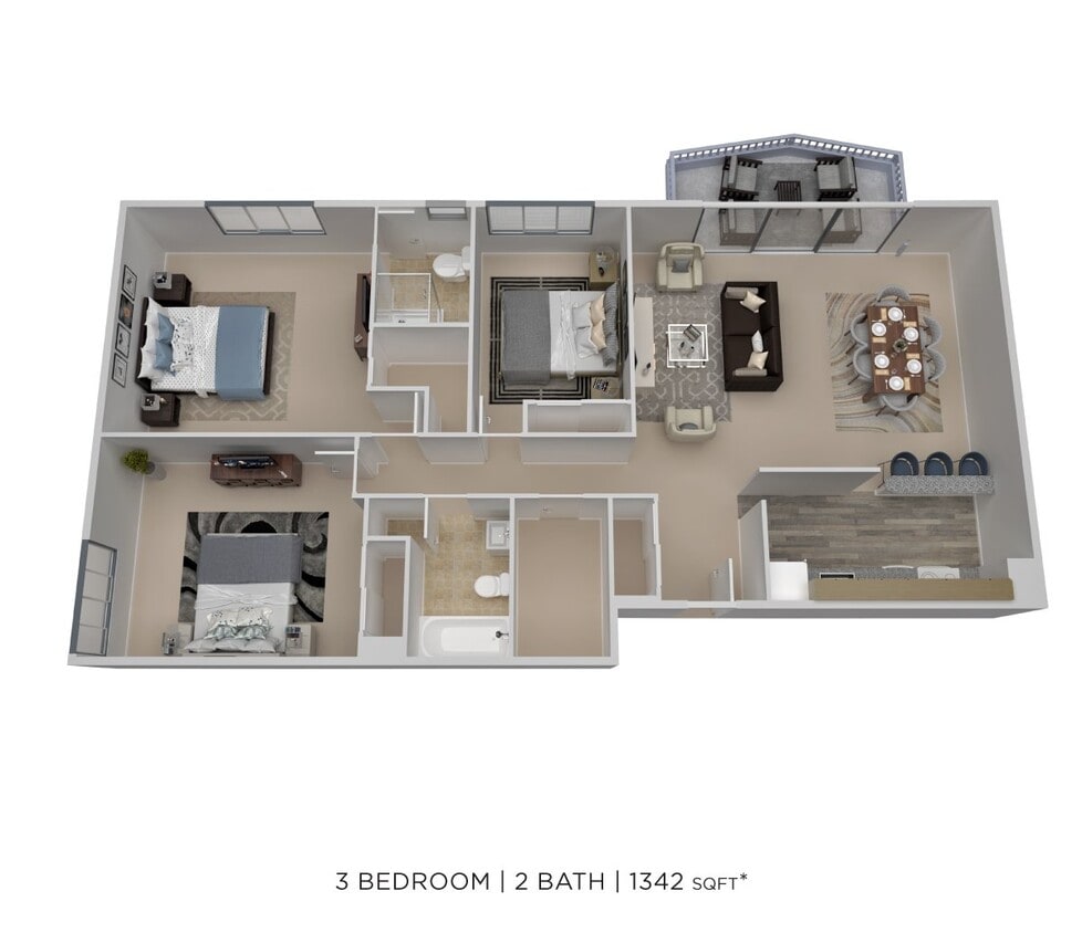 Floor Plan - Three Bedroom 2 Bath - 1,342 sqft