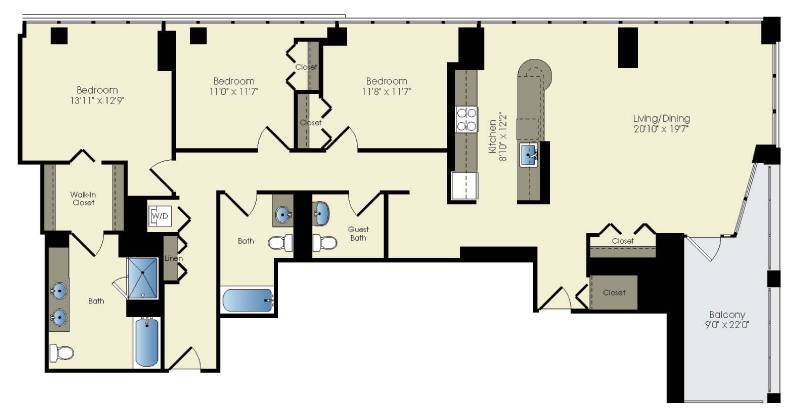 Floor Plan - 3 bedroom / 3 bath (PH3)