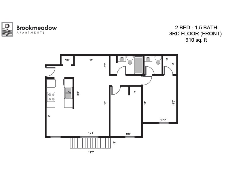 Floor Plan - 2 Bed, 1.5 Bath - 910 sq ft