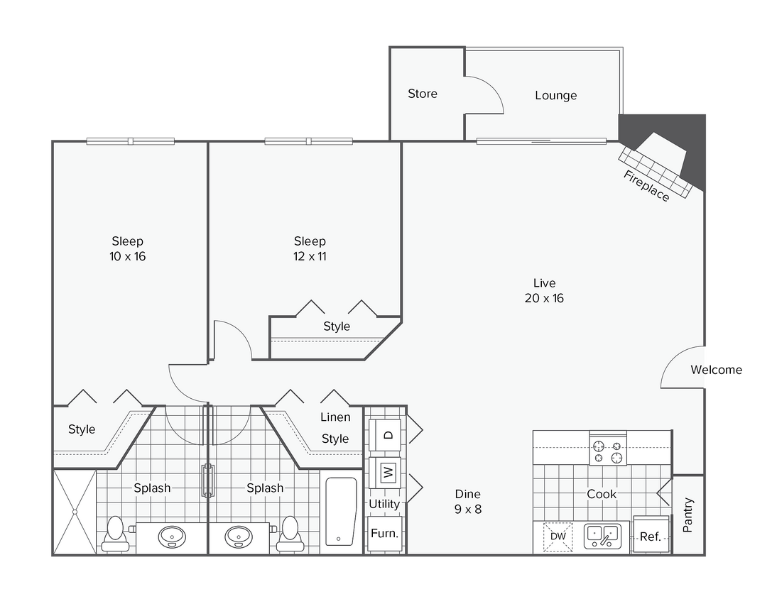 B1 | 2-Bedroom Floorplan - 2 Bed 2 Bath Washer Dryer