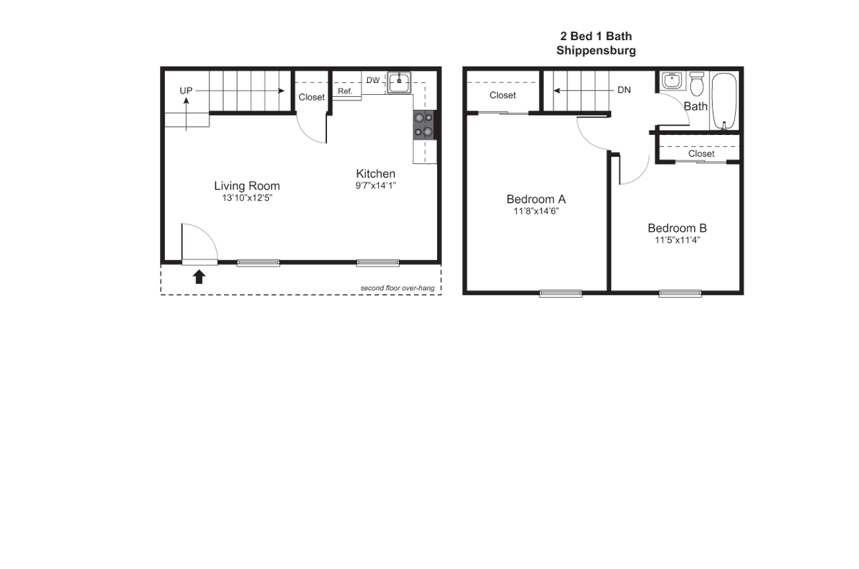 2 Bedroom - 1 Bathroom Floor Plan - Two Bedroom Townhome