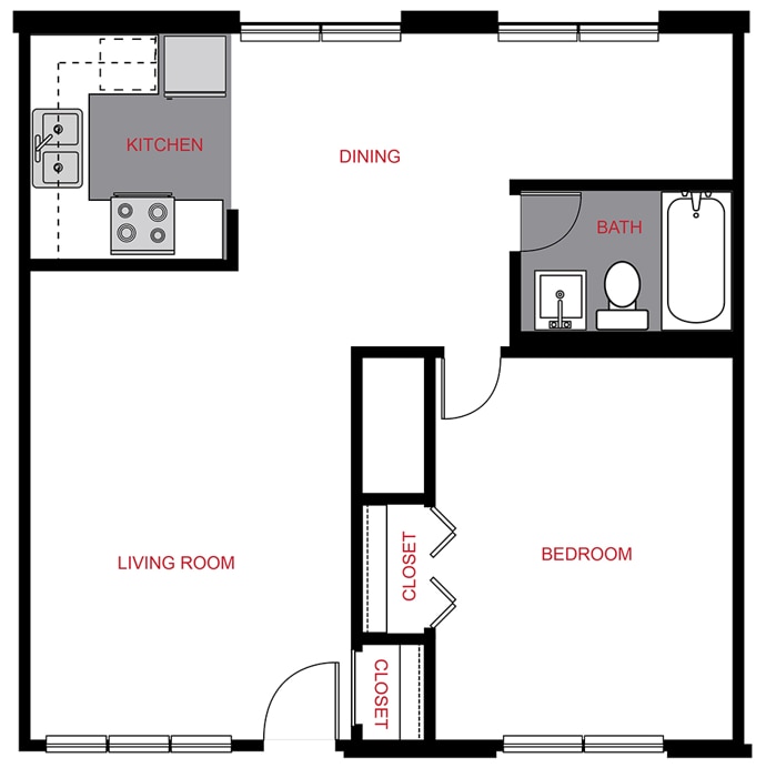 Floor Plan - A1 - 1 Bed / 1 Bath (635 sf)