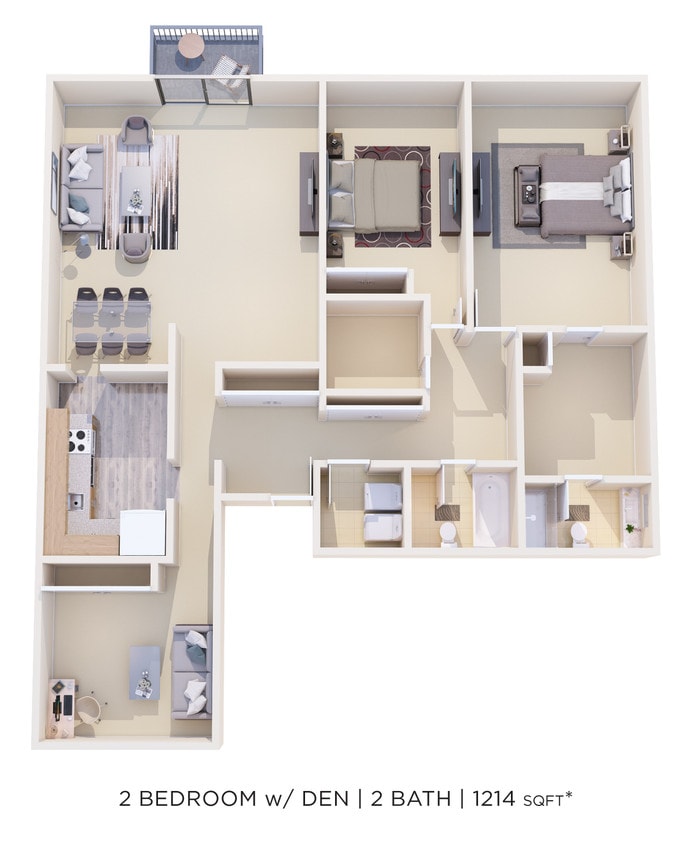 Floor Plan - Two Bedroom 2 Bath w/ Den - 1,214 sqft
