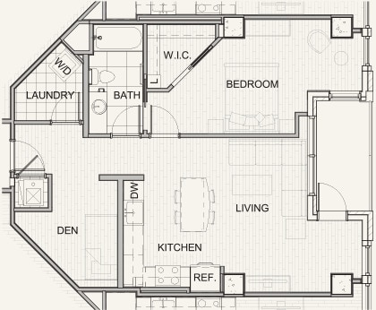 Floor Plan - One bedroom with den 877 SF