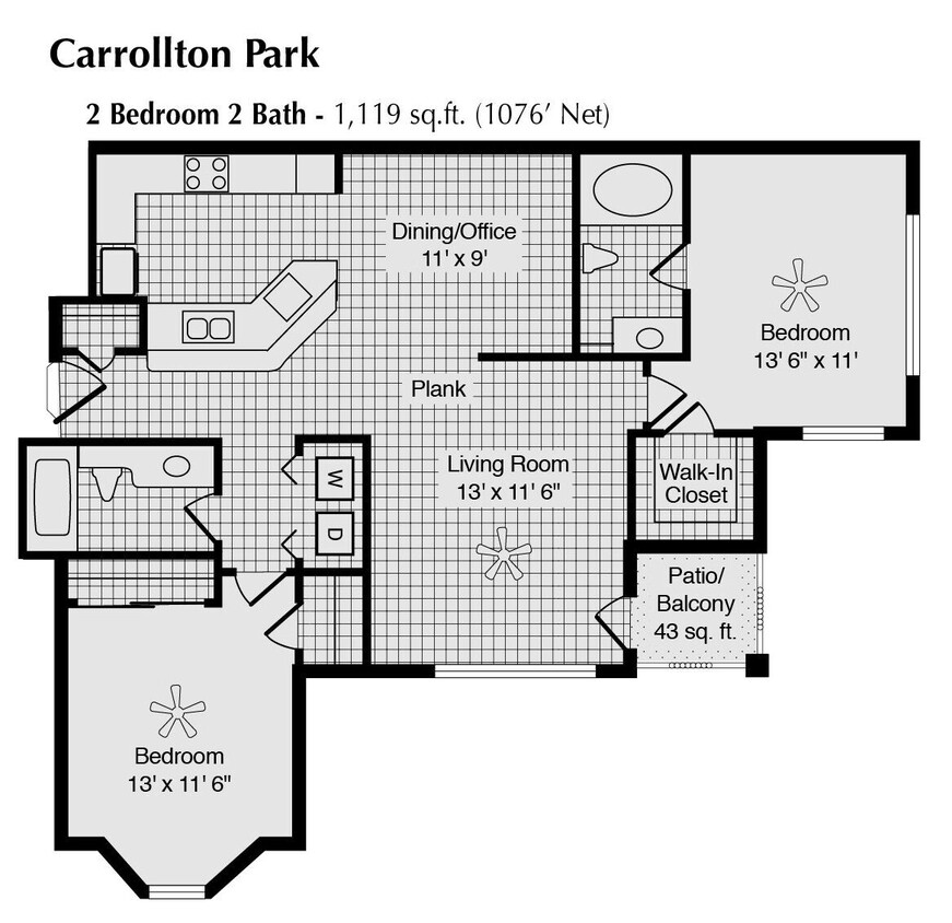 Floor Plan - 2 Bed 2 Bath 1119 SqFt (1076 Net)