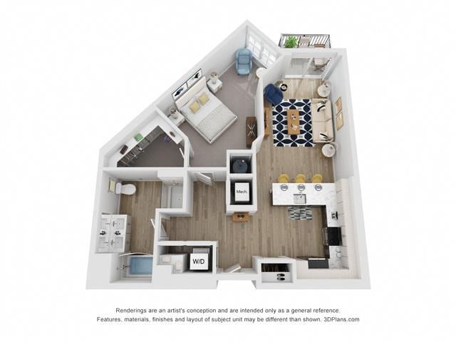 Floor Plan - 1 Bedroom 1 Bath 953 Sq. ft.