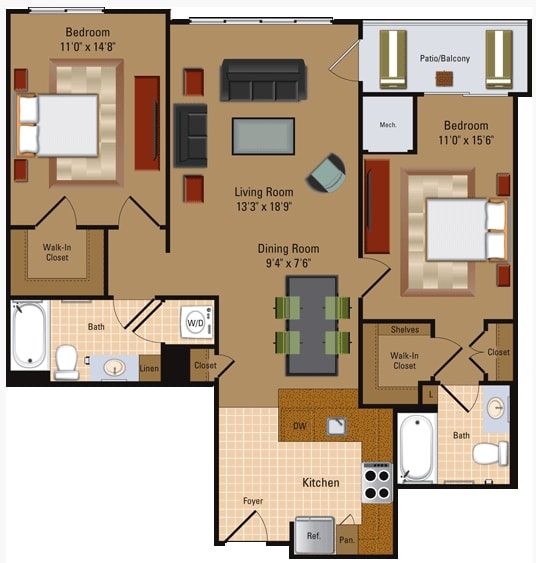 Floor Plan - 2 Bedroom, 2 Bath - B1
