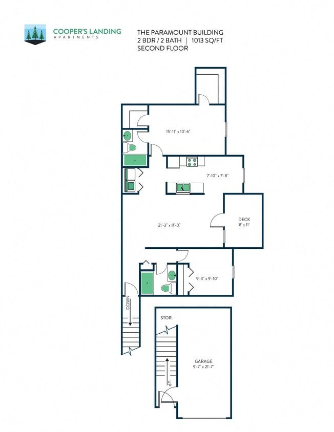 Floor Plan - 2 Bed, 2 Bath - 1013 sq ft