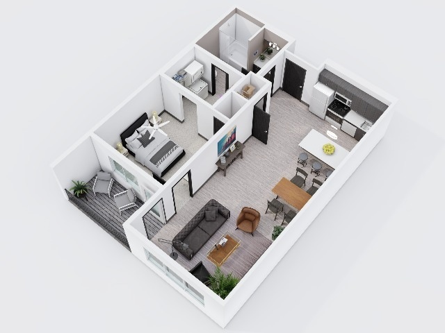 City Scape 1B4 is a spacious open concept one bedroom floor plan that features modern finishes and an in-unit washer and dryer. - City Scape 1B4