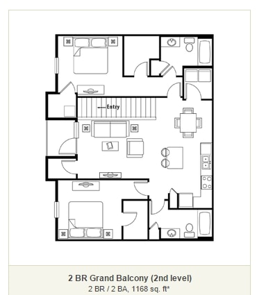 2 BR / 2 BA, 1168 sq. ft - 2 BR Grand Balcony