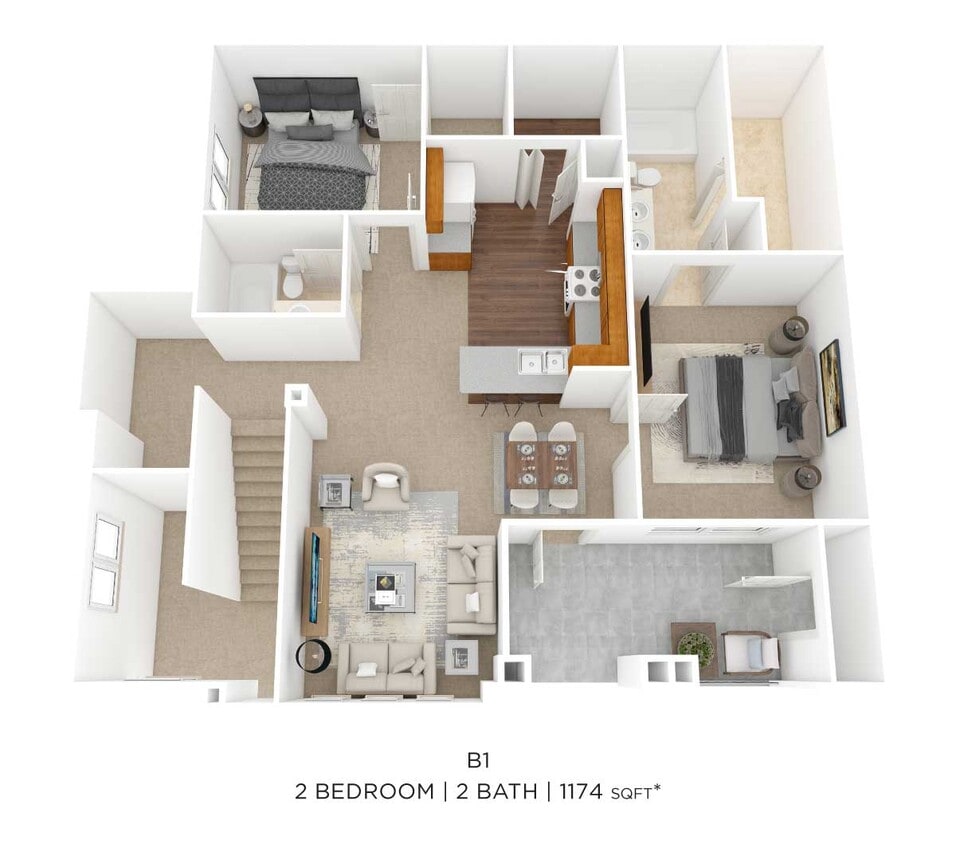 Floor Plan - Two Bedroom 2 Bath- 1174 sqft