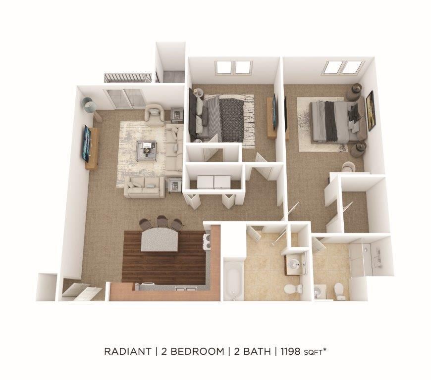 Floor Plan - Two Bedroom 2 Bath- 1198 sqft