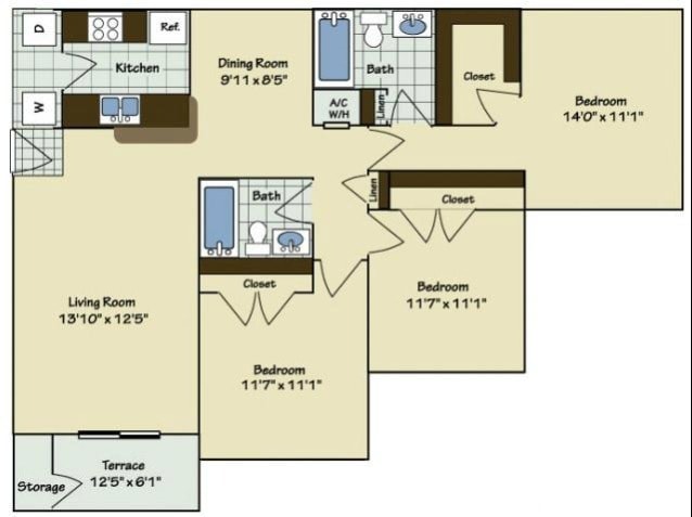 3 Bedroom | 2 Bath | 1168 SF - C1