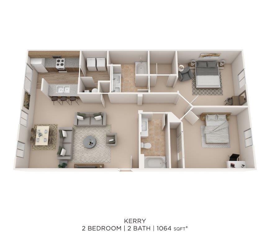 Floor Plan - Two Bedroom 2 Bath- 1064 sqft