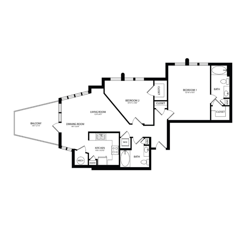 Floor Plan - 2 Bedroom 2 Bath 1130 SF B8M