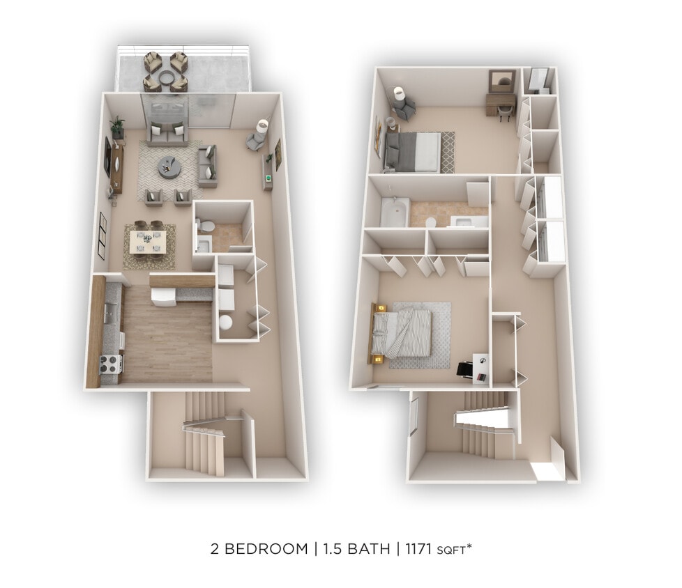 Floor Plan - Two Bedroom 1.5 Bath Townhome - 1,171 sqft