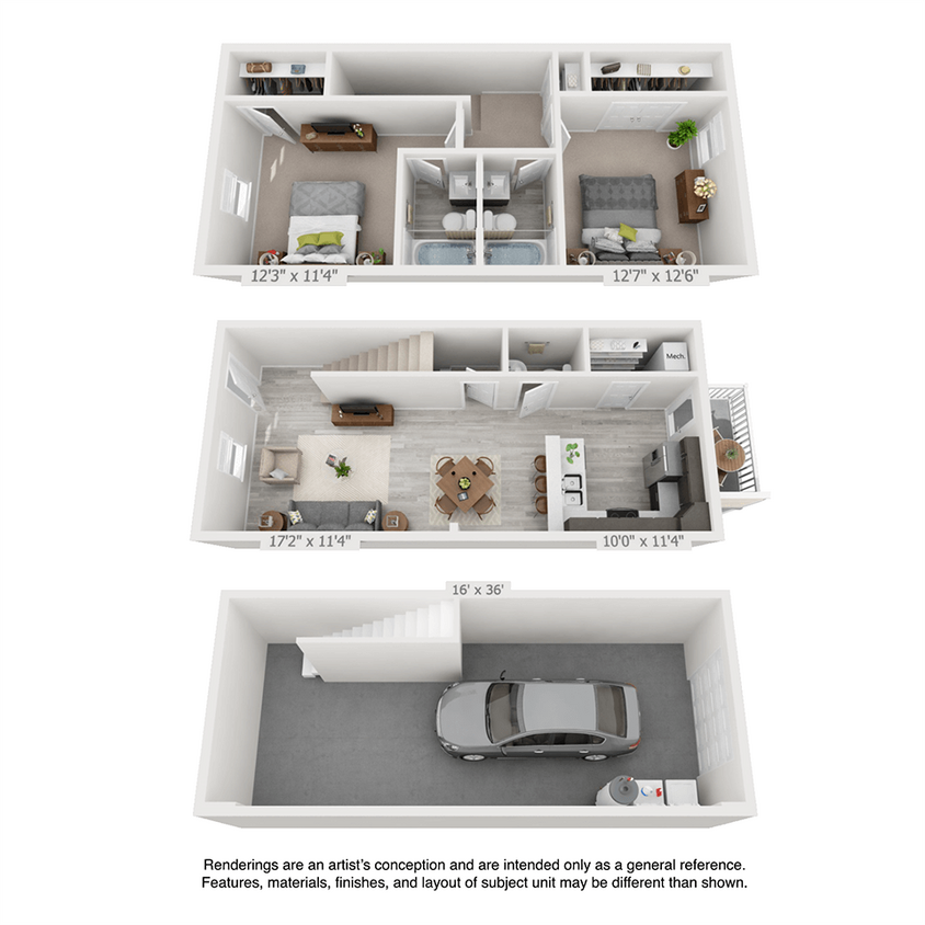 Floor Plan - 2 Bedroom, 2.5BA Townhome with Drive Under Garage