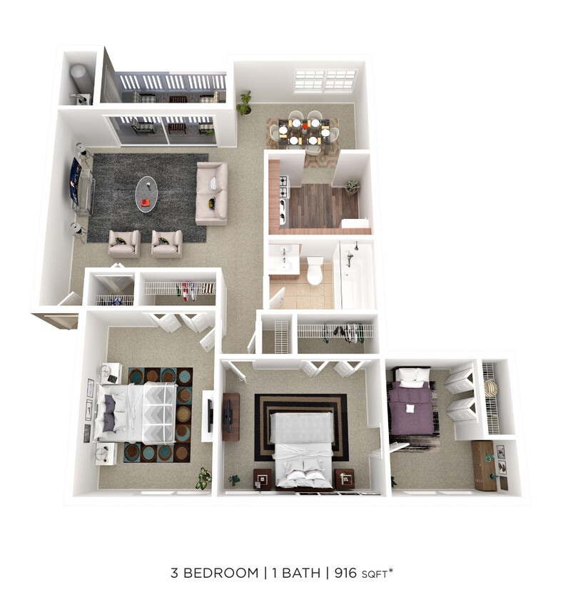Floor Plan - Three Bedroom - 961 sqft