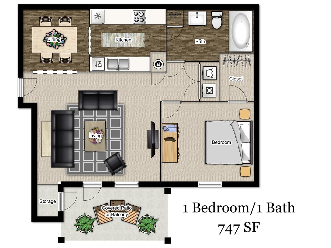 1br/1ba Floor Plan - Oak