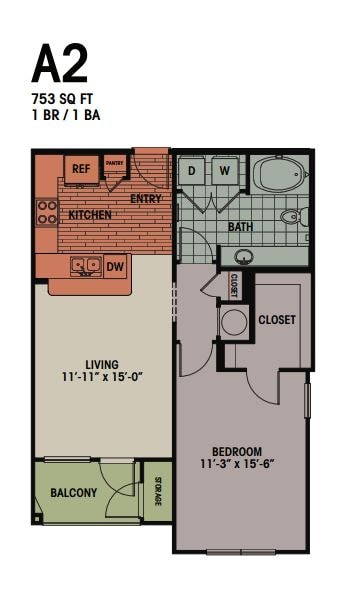 A2 - 1 Bedroom, 1 Bath 753 sqft A2