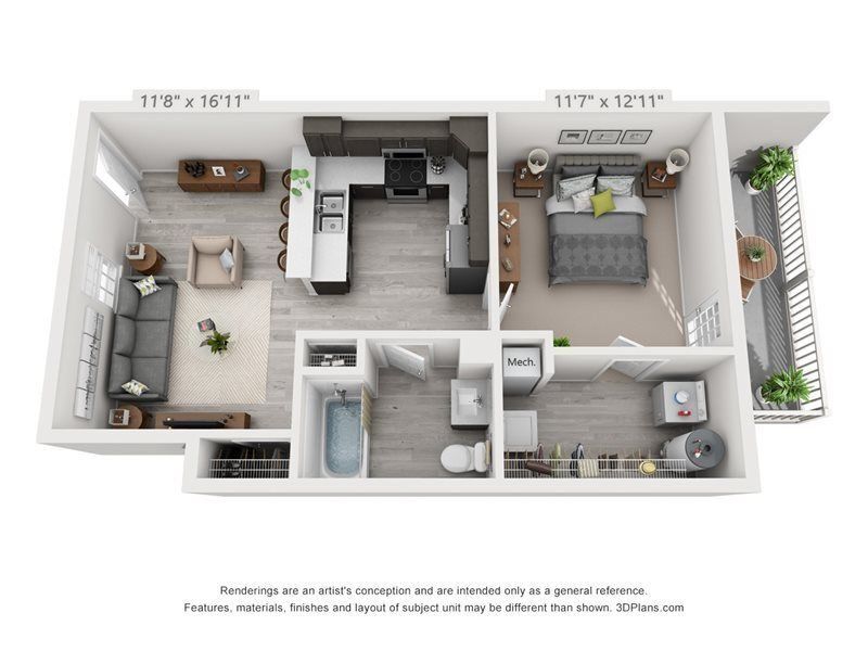 Floor Plan - 1 Bedroom First Level - 680sf