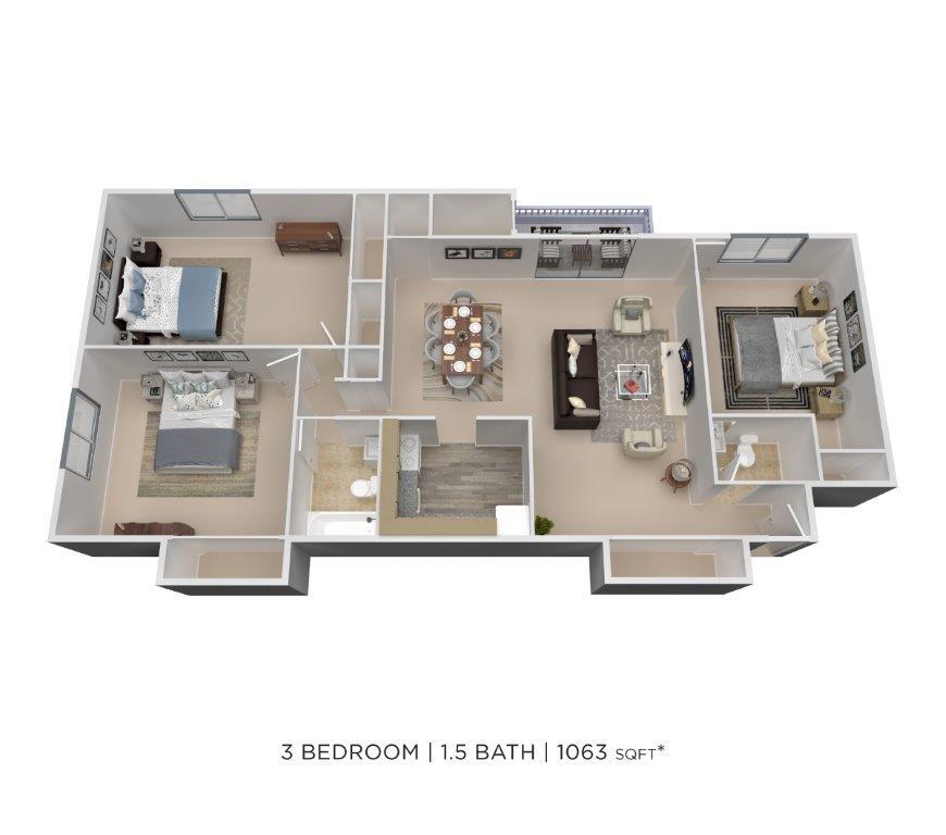 Floor Plan - Three Bedroom 1.5 Bath - 1,063 sqft