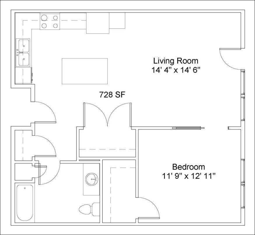 Floor Plan - 1 Bed/1 Bath | HCA 887 SF