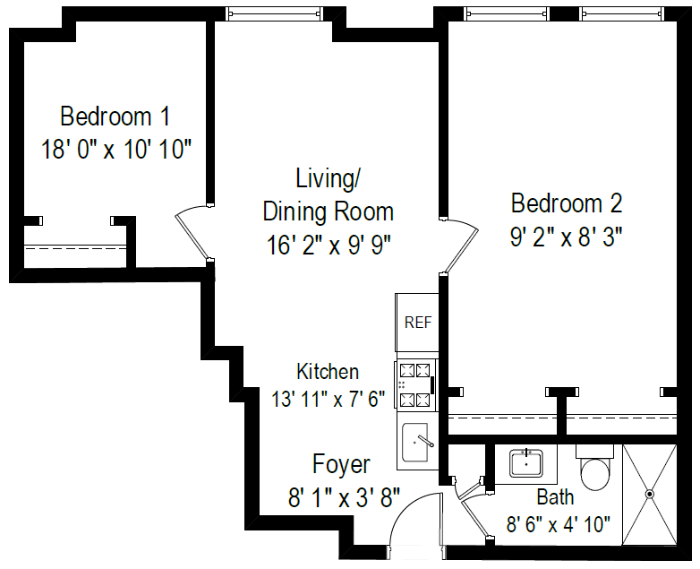 Floor Plan - 2 Bed, 1 Bath - Style A