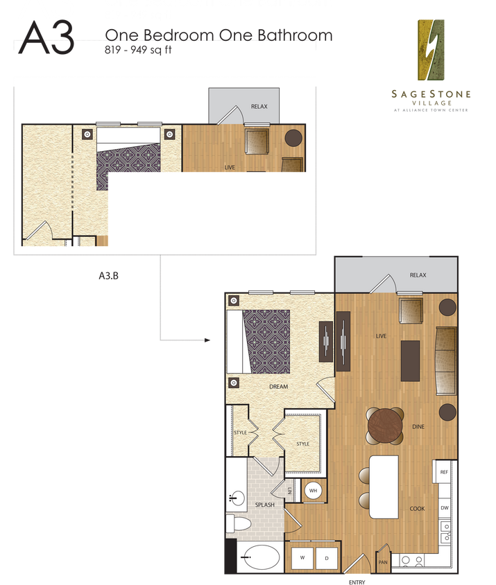 Floor Plan - A3 1 BR / 1 BA
