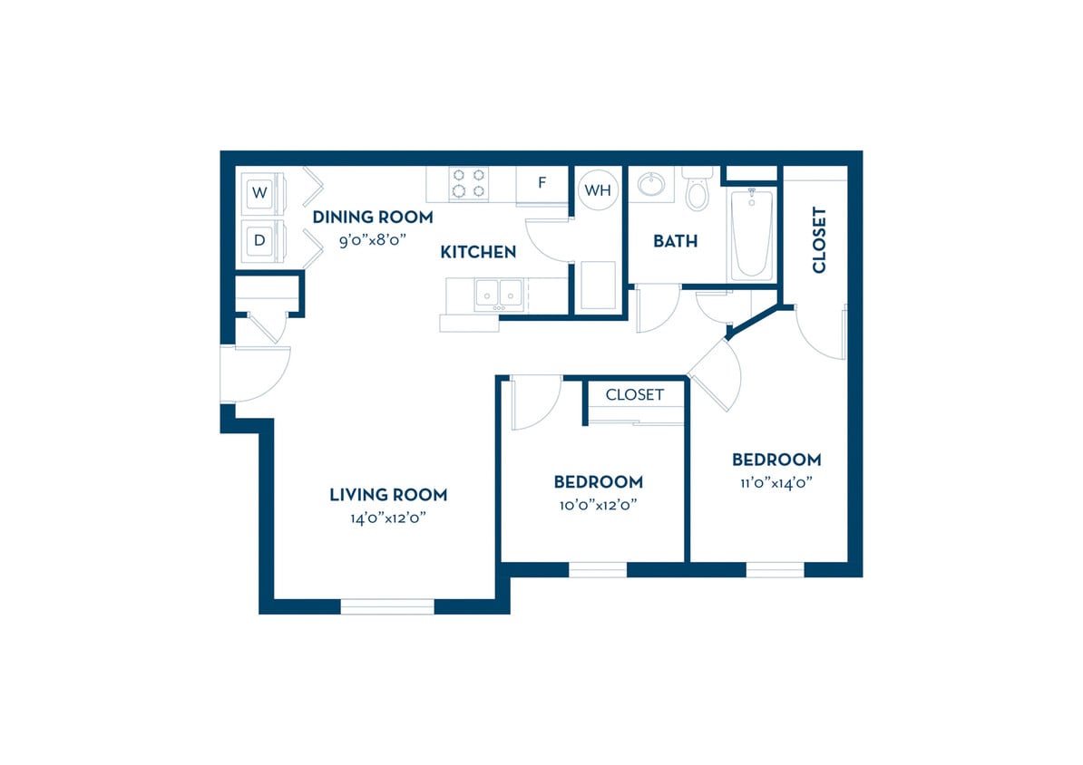 2 Bedroom | 1 Bath | 885 SF - Two Bedroom - 1