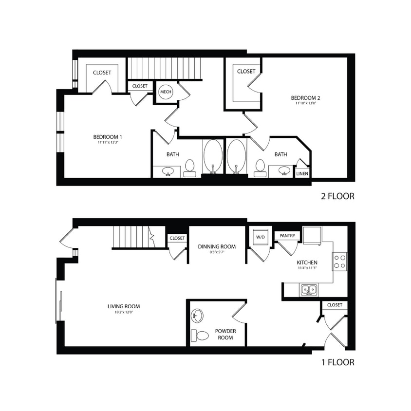 Floor Plan - 2BR/2.5BA Townhouse 1477 SF TB1