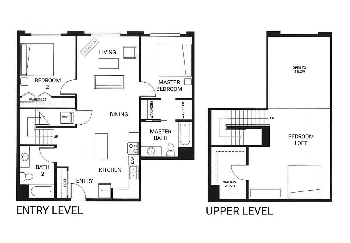 Spacious multi-level floor plan showcasing 2 bedrooms, a master suite, and open-concept living area with a loft and walk-in closet. - C2