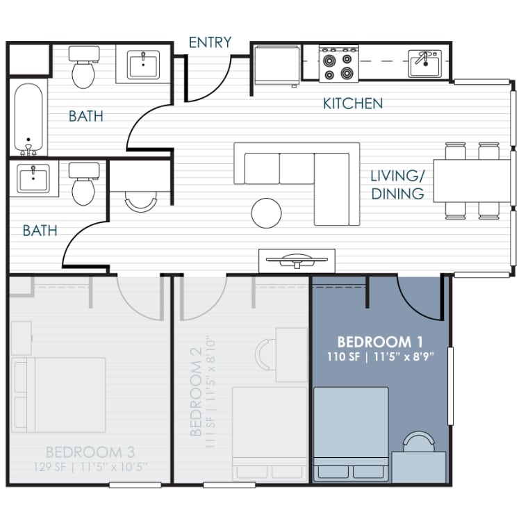 CoLiving_Suite_3BR_1.5BA_936SF-Bedroom_1_647283.png - 3-Bedroom 1.5-Bathroom Traditional Suite