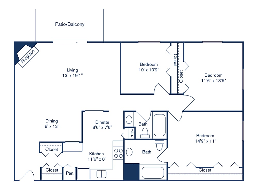 3x2 1288 - 3 Bedroom, 2 Bath (1,288 sqft.)