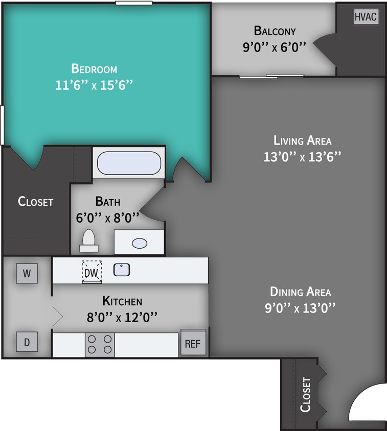 Floor Plan - Carlton - 1 Bedroom 1 Bath