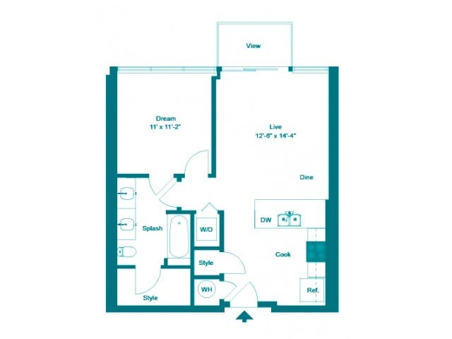 Aquamarine Floorplan - One Bedroom One Bath (677 SF)